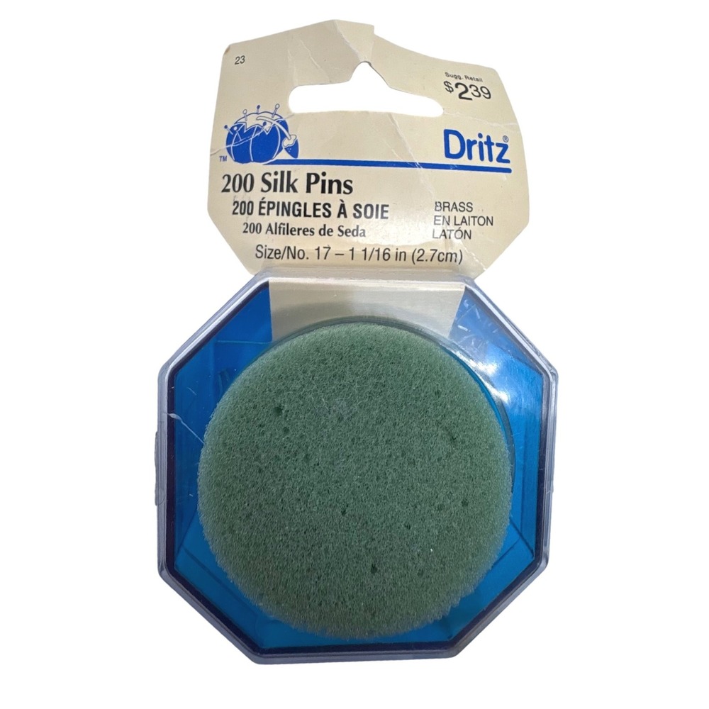Dritz 200 Silk Pins Brass Size 17 1-1/16 Inch Blue Hexagon Case 1994 Vintage
